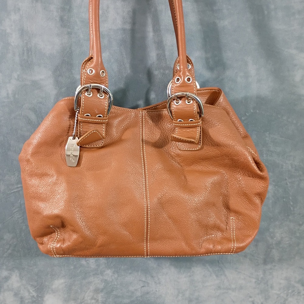 Tignanello Brown Pebbled Leather Shoulder Bag Buckle Accents Cognac Tote Purse